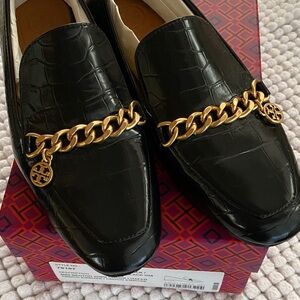 Tory Burch Black Loafers with Gold Chain Accent